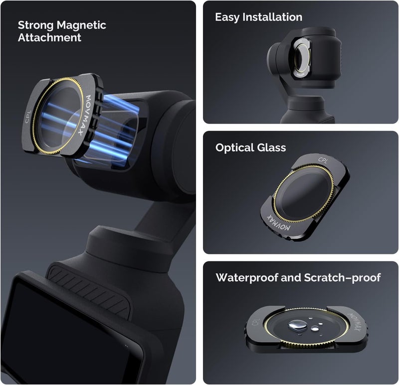 Vaxis Global MOVMAX CPL & ND16 & ND64 & ND256 Filter Kit (4-Pack) for DJI Osmo Pocket 3 Accessories, Magnetic Neutral Density Polarising Filter, Multi Coated/Optical Glass/Aluminum Frame, Includes 1 LCD Protector - Image 5